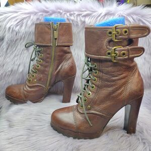 Dolce Vita Lace Up Platform Combat Heeled Leather Boots Women's Size 7 Brown